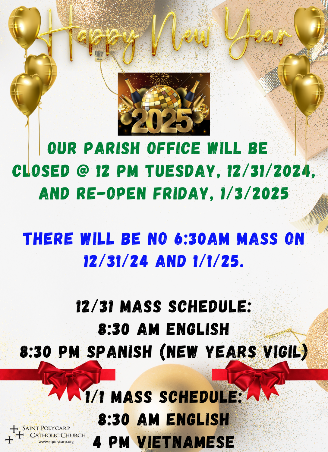 New Year’s Eve and New Year’s Day Office and Mass Schedule